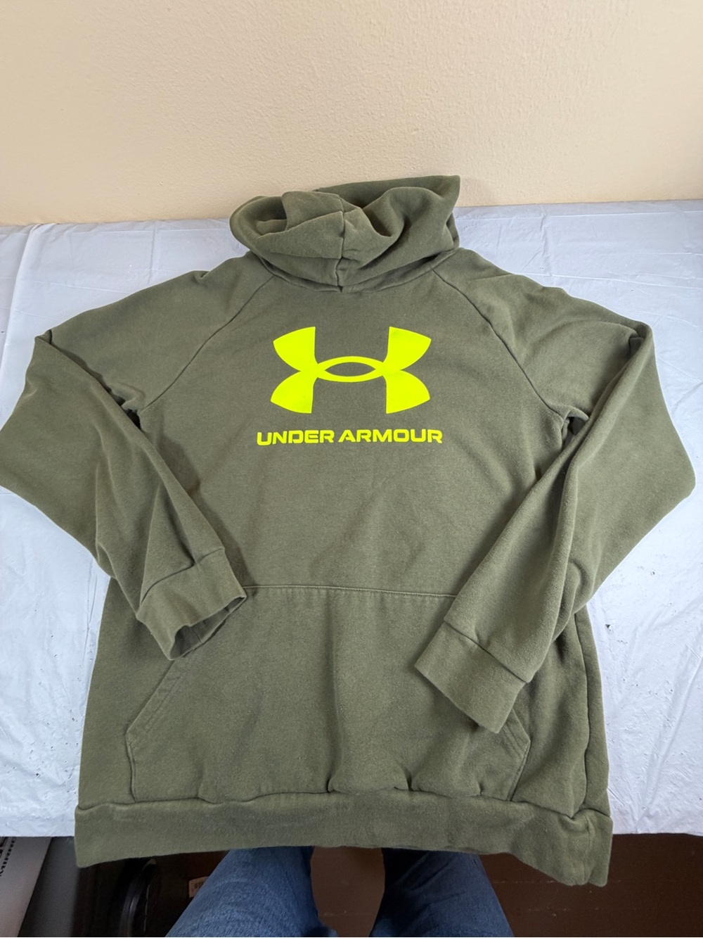 Under Armour Olive Green Hoodie with Neon Yellow Logo